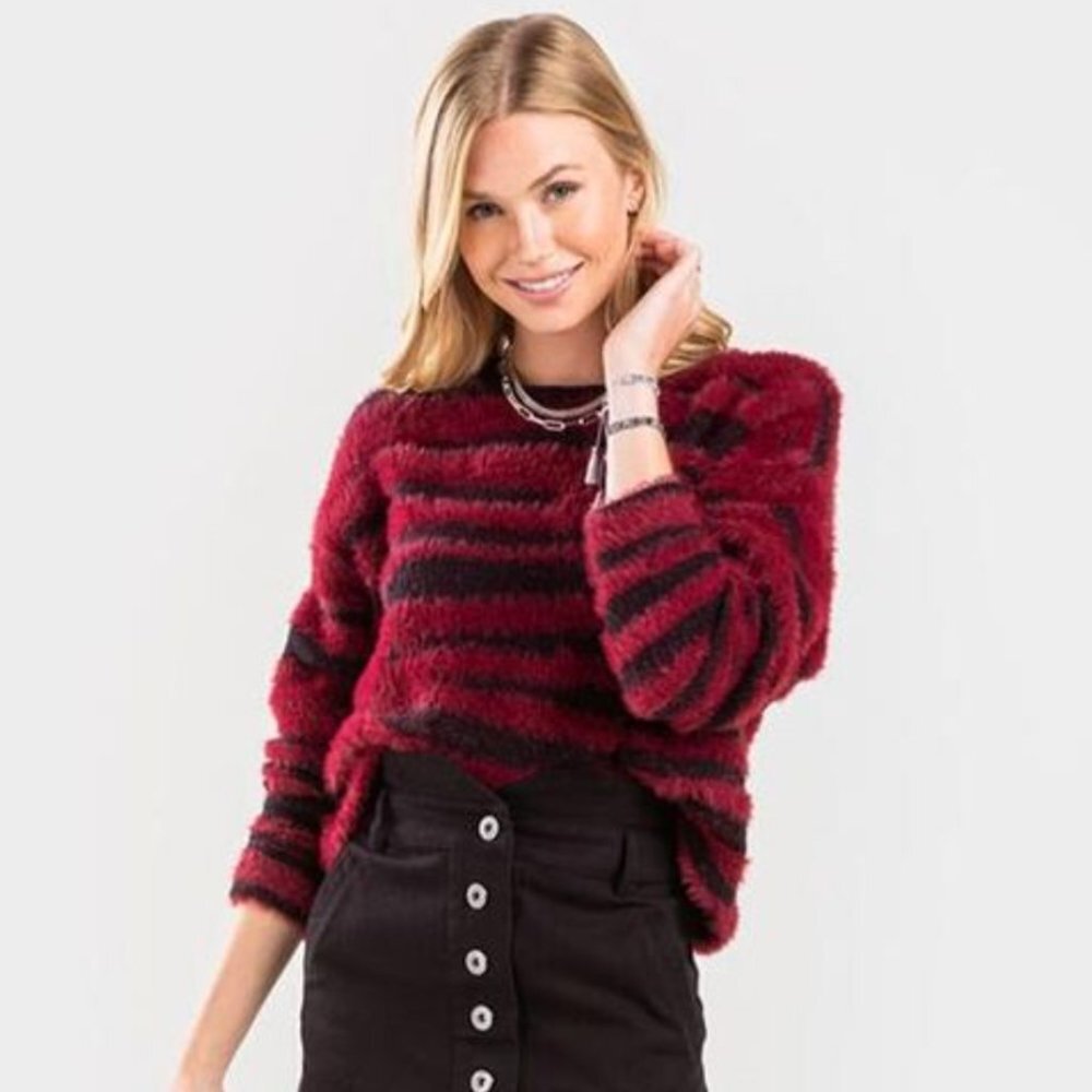 MIAMI | Burgundy Zebra Print Eyelash Knit Cropped Sweater Sz M